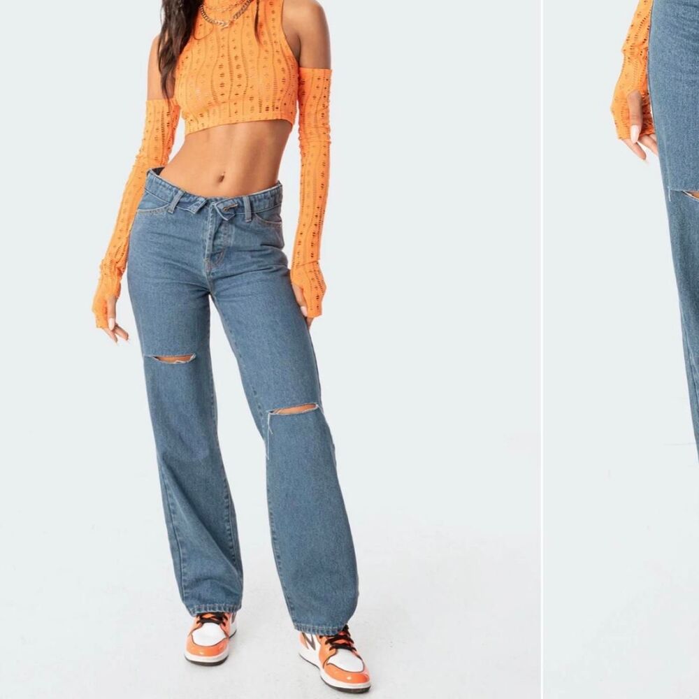 Edikted Women's Blue and Orange Jeans